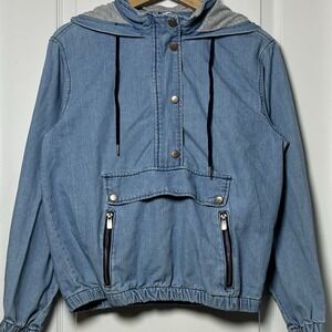 1 Sunset Lane Light Wash Denim Hooded Anorak Jacket Gorpcore‎ Granola Girl Style